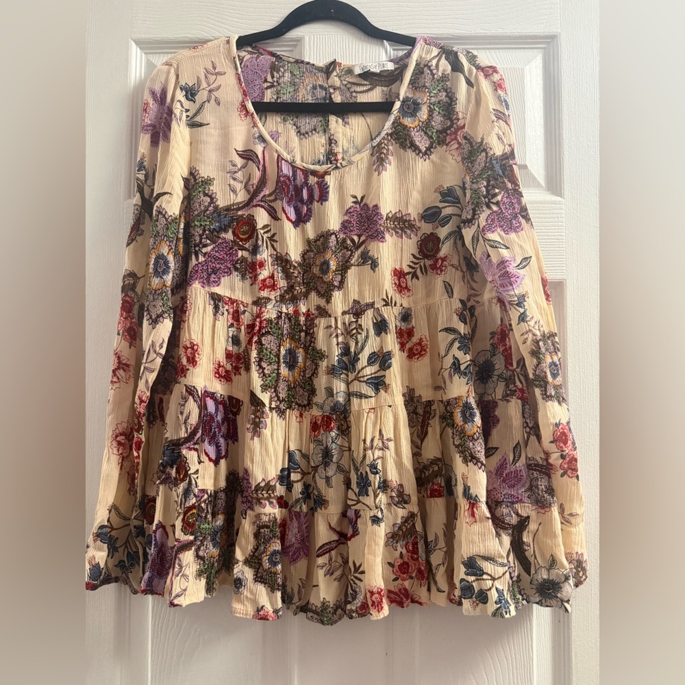 Patrons of Peace Floral Empire Waist Womens Top Scoop Neck Long Sleeve Blouse S